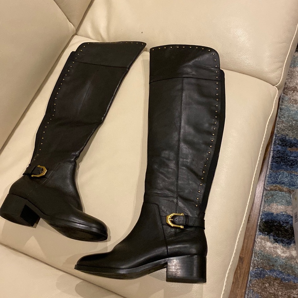 Black tall leather boots, size 8, GibsonLatimer, low heel, worn once, 1/2 zipper